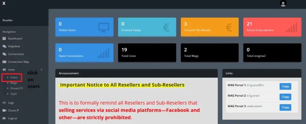 Dashboard overview showing main panel