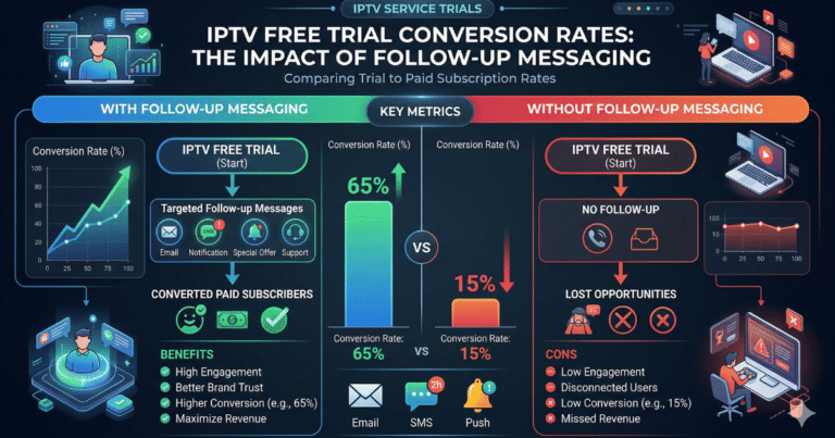 Bar chart comparing IPTV free trial conversion rates for UK resellers using follow-up messages versus no follow-up strategy.