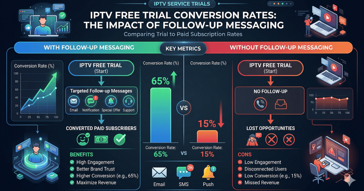 Bar chart comparing IPTV free trial conversion rates for UK resellers using follow-up messages versus no follow-up strategy.