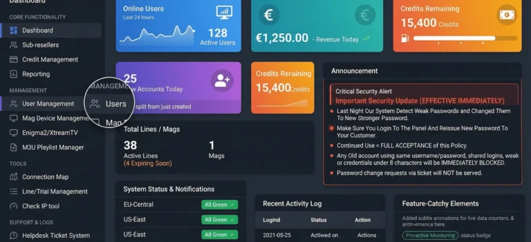 United Kingdom IPTV reseller panel dashboard with live connection stats