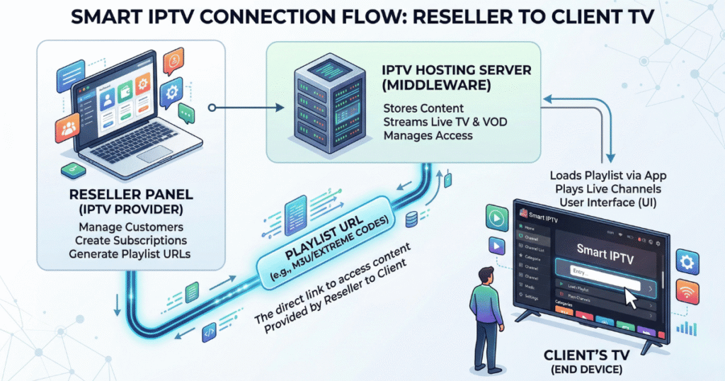 IPTV reseller panel connection flow diagram for Smart IPTV app setup.